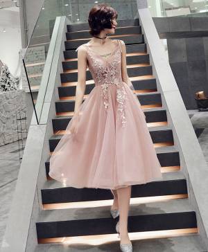 Pink Tulle V-neck Short/Mini Simple Prom Homecoming Dress