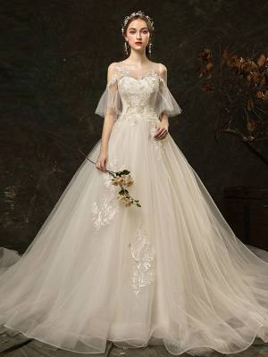 Princess Tulle Round Neck Long Lace Bridal Dress