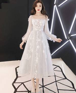 Gray/White Tulle Lace Short/Mini Prom Bridesmaid Dress