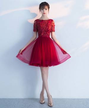 Burgundy Tulle Lace Round Neck Short/Mini Prom Homecoming Dress