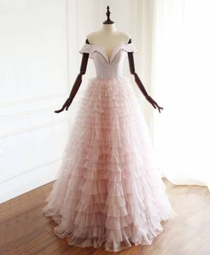 Pink Tulle Sweetheart Off-the-shoulder Long Prom Evening Dress