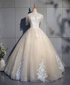 Off Shoulder Champagne Tulle Lace Long Ball Gown Prom Dress