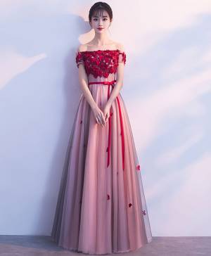 Burgundy Tulle Lace With Applique Long Prom Bridesmaid Dress