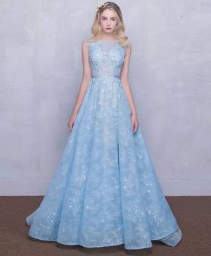 Blue Lace Round Neck Long Prom Sweet 16 Dress