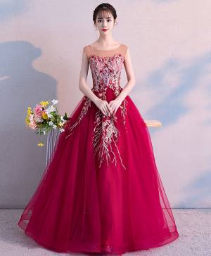 Burgundy Tulle Lace Round Neck Long Prom Evening Dress