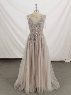 Gray Tulle With Beads/Sequin Long Prom Formal Dress