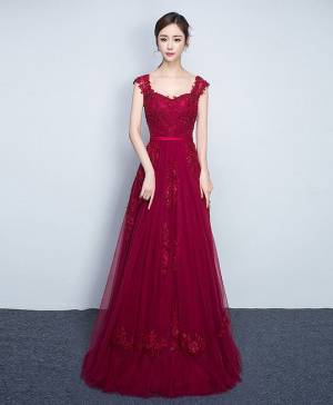 A Line Square Burgundy Tulle Long Bridesmaid Dress With Lace