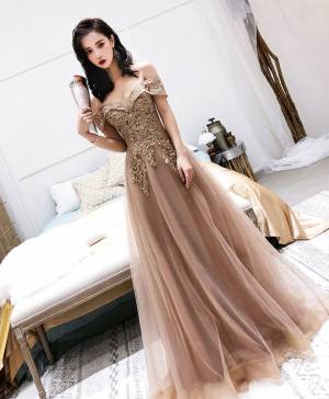 Champagne Tulle Off-the-shoulder Long Prom Evening Dress