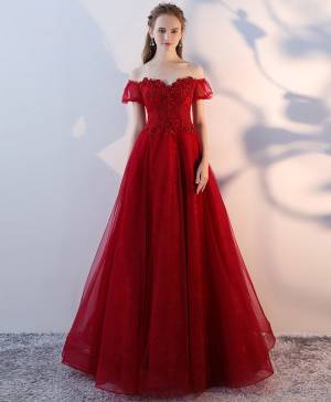 Burgundy Tulle Lace Long Prom Evening Dress