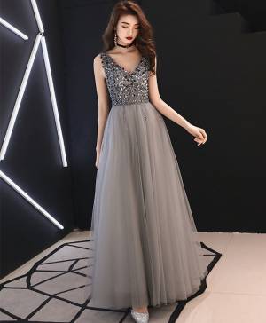 Gray Tulle V-neck With Sequin Long Prom Evening Dress