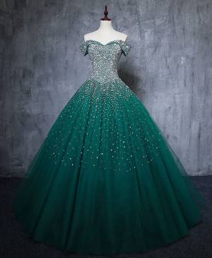 Vintage Ball Gown Green Tulle Party Dresses With Sequin