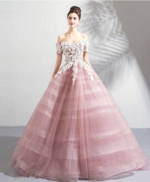 Pink Lace Tulle Off-the-shoulder Long Prom Evening Dress