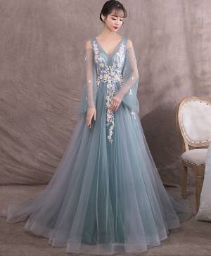 Green Tulle Lace V-neck Long Prom Evening Dress