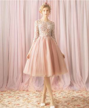 Pink Tulle Lace Round Neck Short/Mini Prom Bridesmaid Dress
