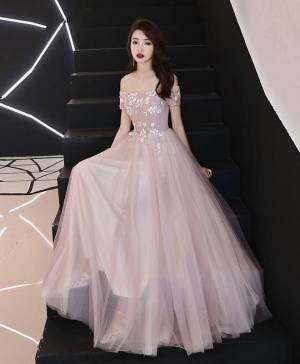 Pink Tulle Lace Long Prom Bridesmaid Dress