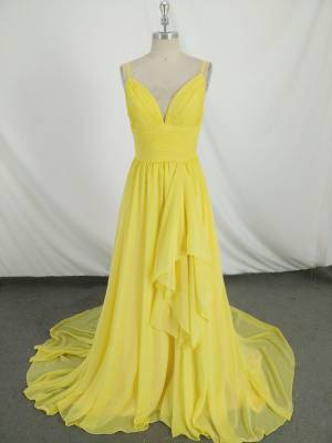 Yellow Chiffon V-neck Simple Long Prom Evening Dress