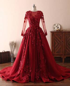Burgundy Lace Satin Long Prom Evening Dress