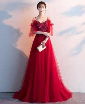 Burgundy Tulle Lace Sweetheart Long Prom Evening Dress