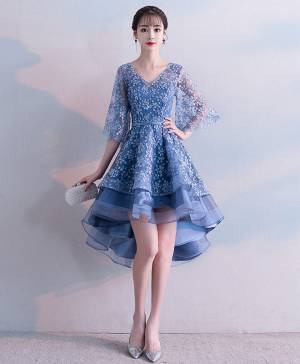 Blue Lace V-neck Short/Mini Prom Homecoming Dress