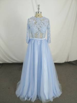 Blue Tulle Lace Round Neck Long Prom Evening Dress