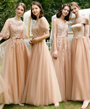 Champagne Tulle Lace Long Prom Bridesmaid Dress