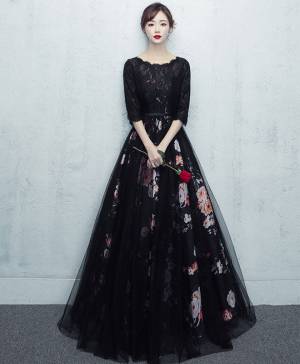Black Tulle Lace Long Prom Evening Dress