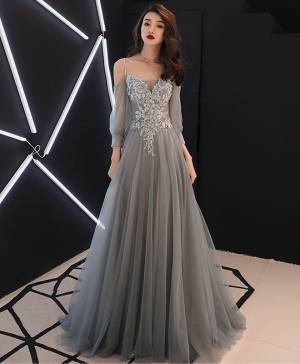 A-line Gray Tulle Off Shoulder Long Prom Evening Dress