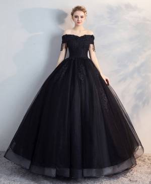 Vintage Off-the-shoulder Black Lace Tulle Long Prom Dress