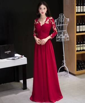 Burgundy Chiffon Lace Long Prom Bridesmaid Dress
