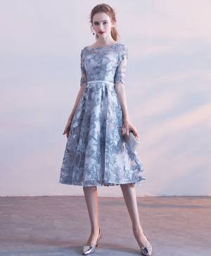 Gray/Blue Tulle Lace Short/Mini Prom Homecoming Dress
