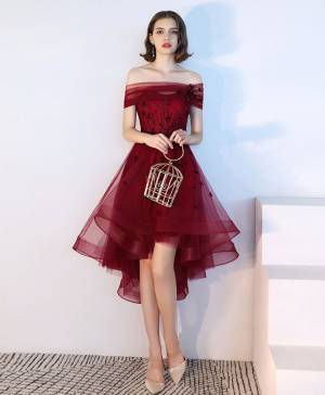 Burgundy Tulle Lace Short/Mini Prom Evening Dress