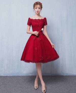 A Line Burgundy Short Sleeves Tulle Lace Short Homecoming Dress
