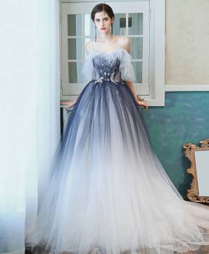 Blue Tulle Sweetheart Unique Long Prom Evening Dress