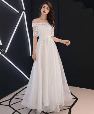 White Lace Tulle Long Prom Bridesmaid Dress