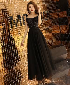 Black Tulle With Sequin Long Prom Evening Dress