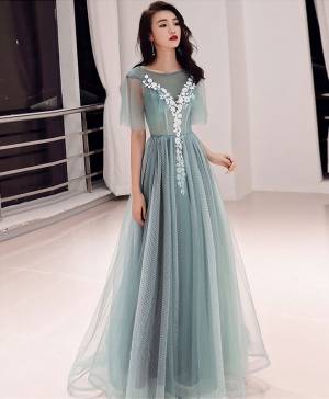 Green Tulle Lace Round Neck Long Prom Evening Dress