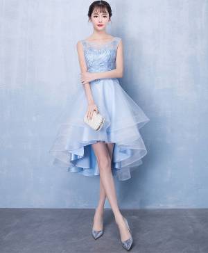 A-line Scoop Blue Tulle Short Prom Homecoming Dress