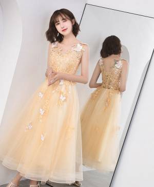 Gold Tulle Lace V-neck Short/Mini Prom Homecoming Dress