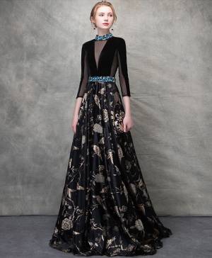 Black Satin Unique Long Prom Evening Dress