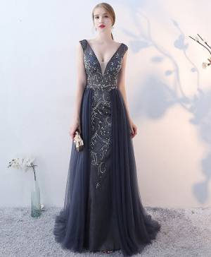 Gray Tulle V-neck With Beads/Sequin Long Prom Evening Dress