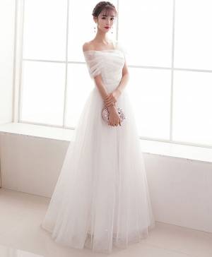 White Tulle Elegant Long Prom Evening Dress