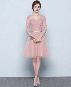 Cute Pink Tulle Lace Bridesmaid Dress
