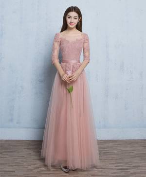 Pink Tulle Lace Round Neck Long Prom Bridesmaid Dress