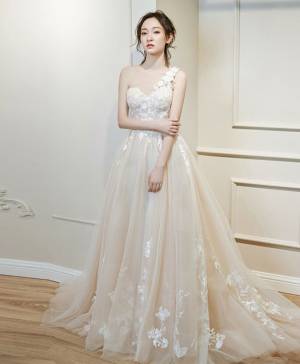 Champagne Tulle Lace Long Prom Wedding Dress