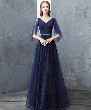 Dark/Blue Tulle With Sequin Long Prom Evening Dress