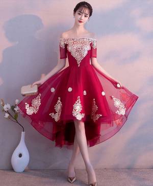 Burgundy Tulle Lace High Low Prom Bridesmaid Dress
