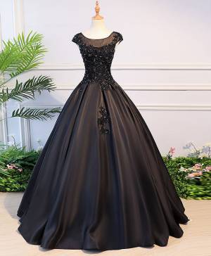 Black Lace Round Neck Long Prom Evening Dress