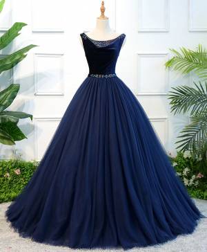 Blue Tulle Long Prom Evening Dress
