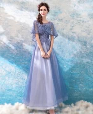 Blue Lace Tulle Round Neck Tea-length Prom Evening Dress