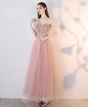 Champagne/Pink Tulle Lace Long Prom Evening Dress